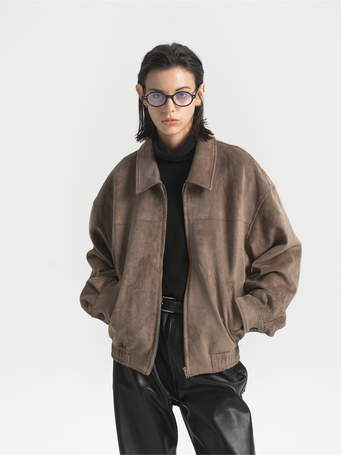 BOXY SUEDE WIDE LAPEL ZIP-UP JACKET