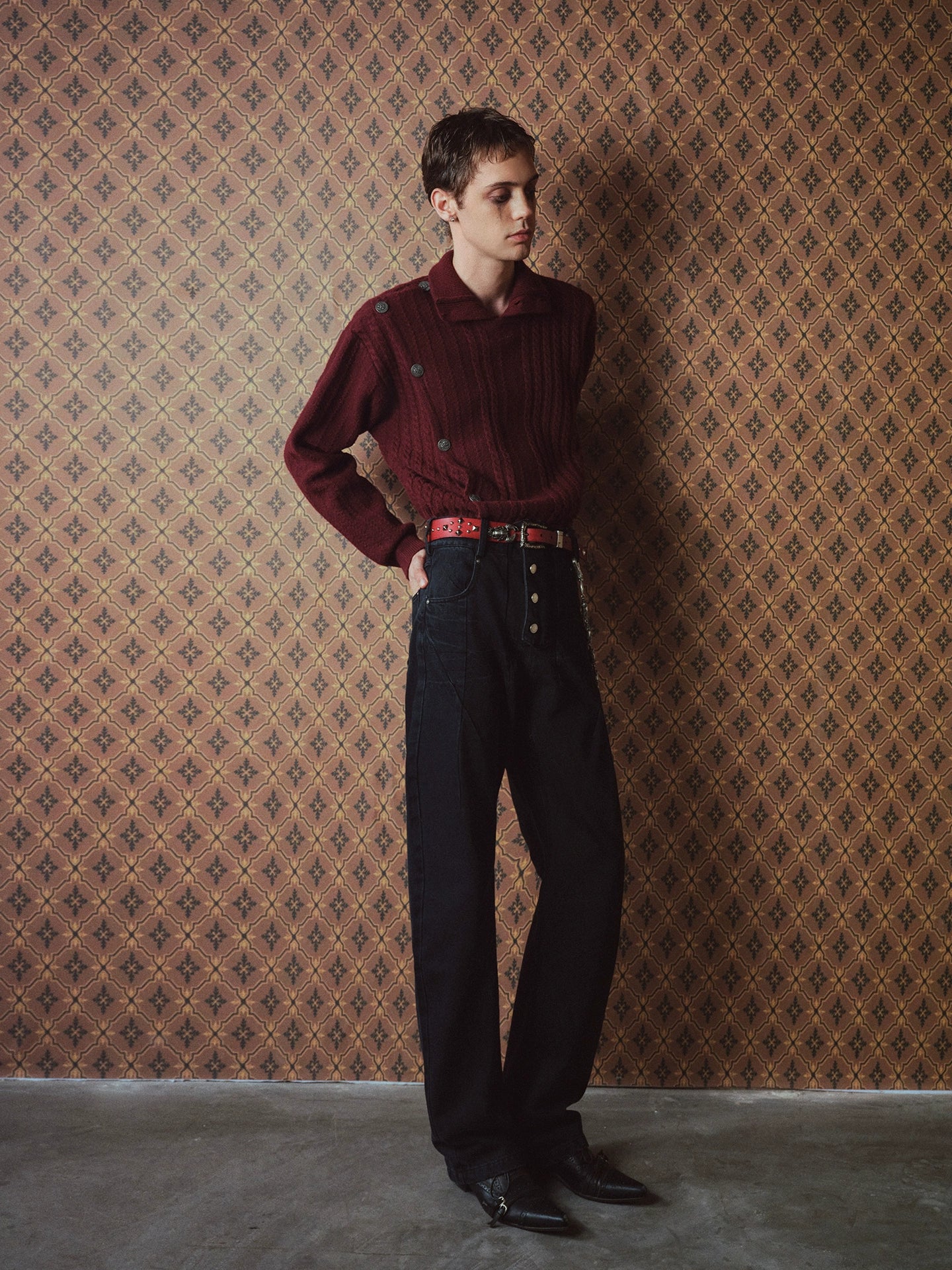 Burgundy Metal Buckle Fencing Turtleneck Knit