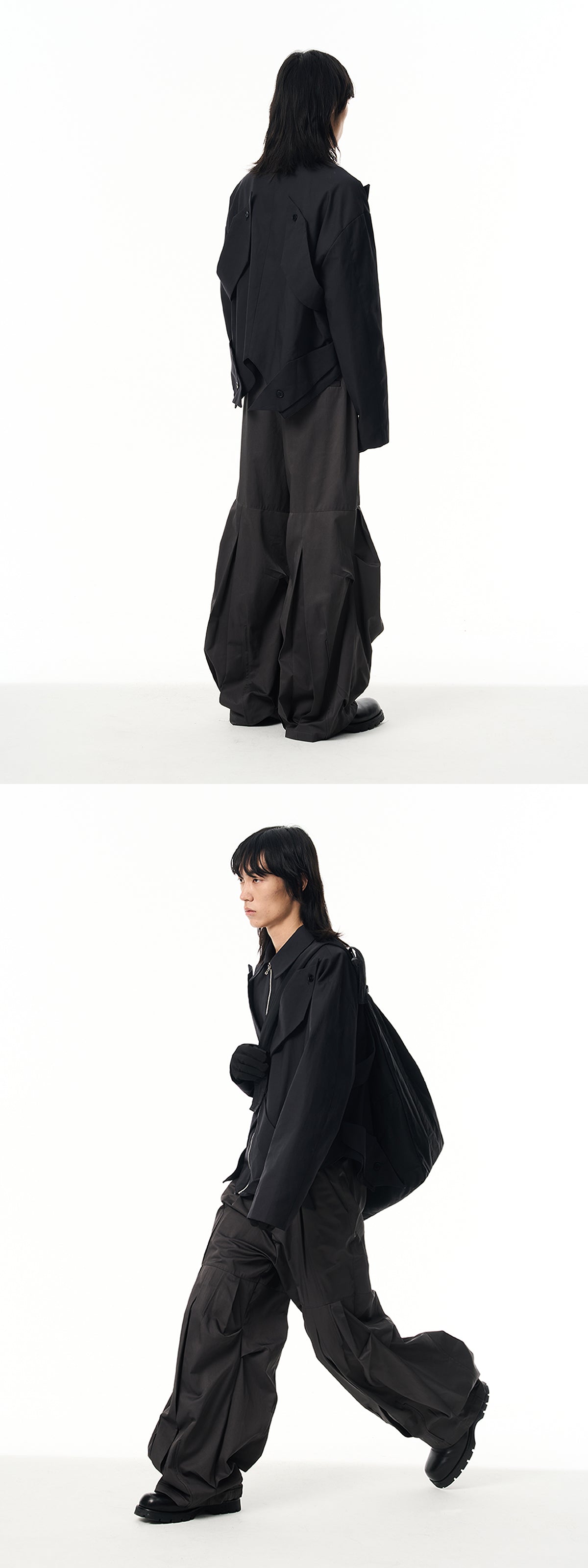 Cotton multi-directional pleated loose leg mop slacks