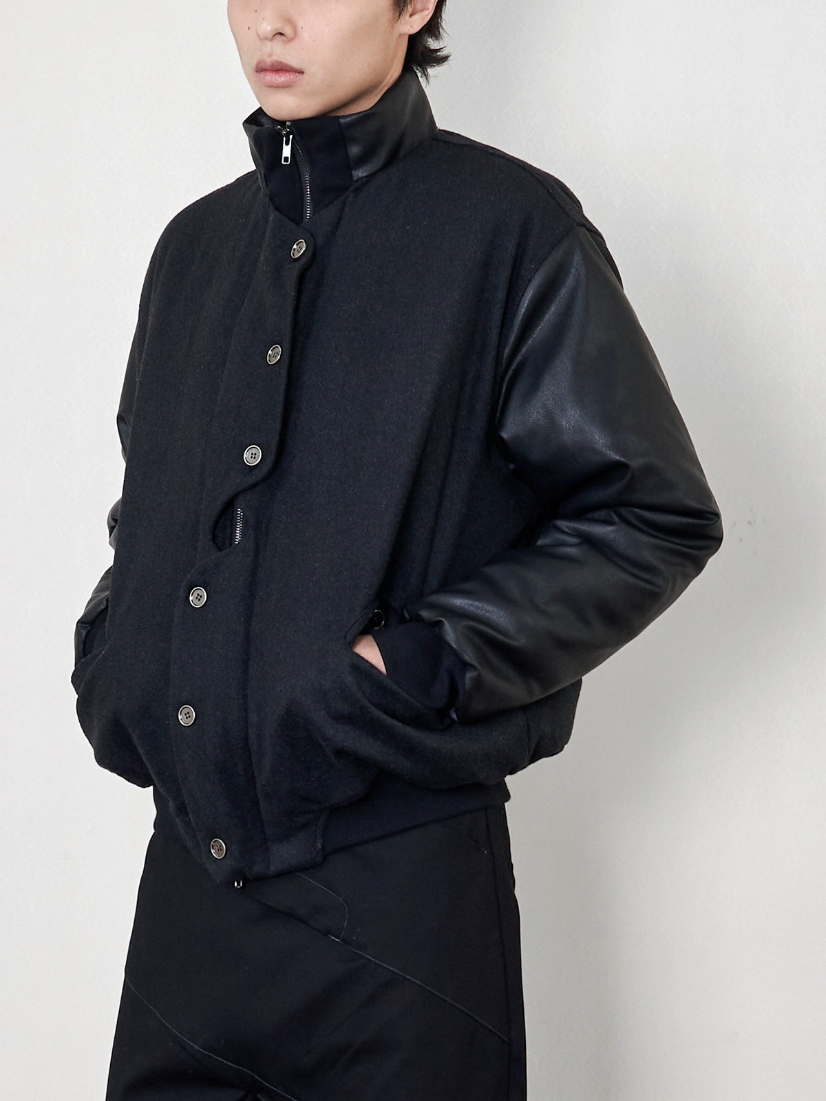 "soja" wool tweed leather sleeve jacket