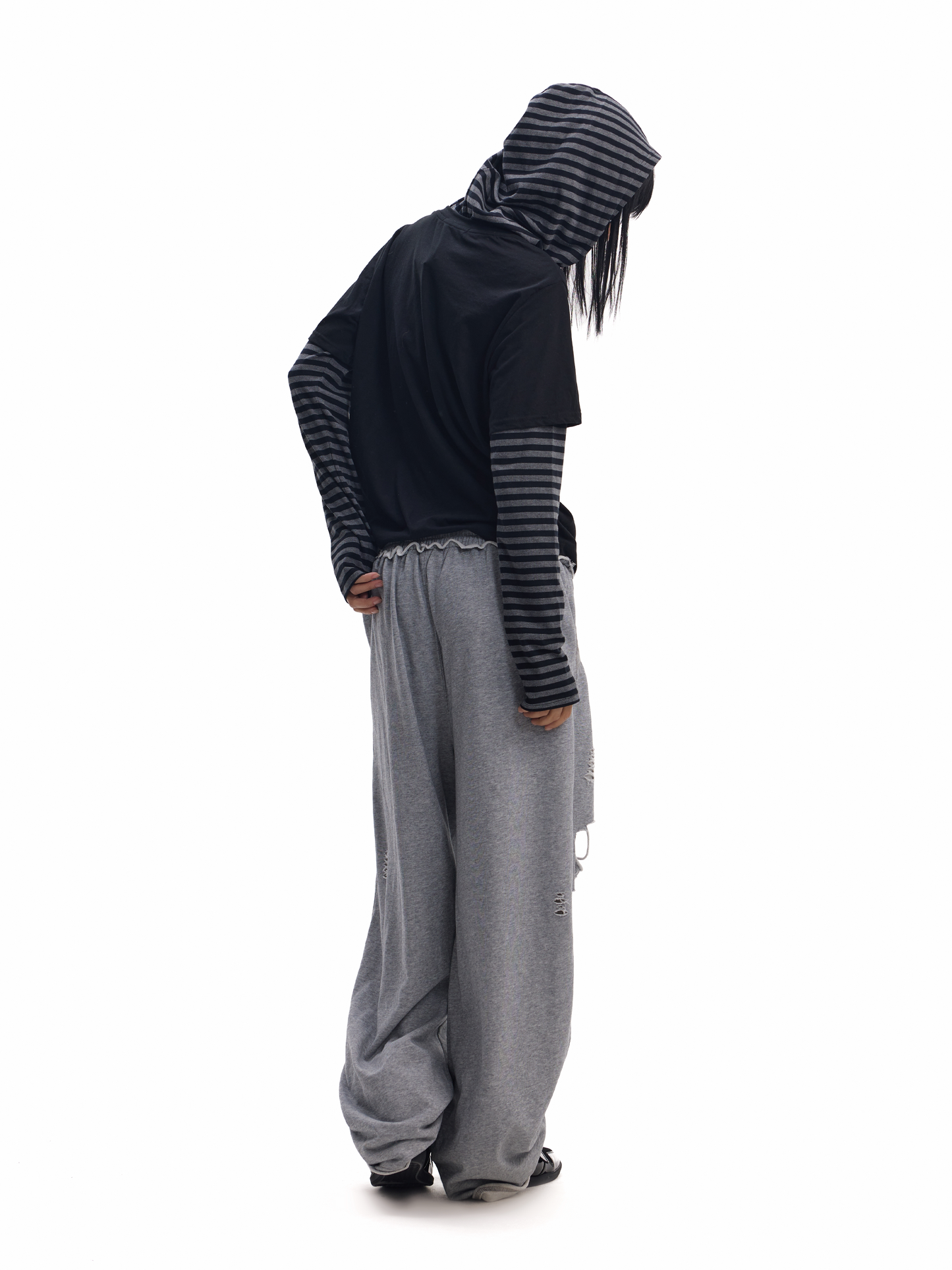 Hooded fake layered striped long sleeve