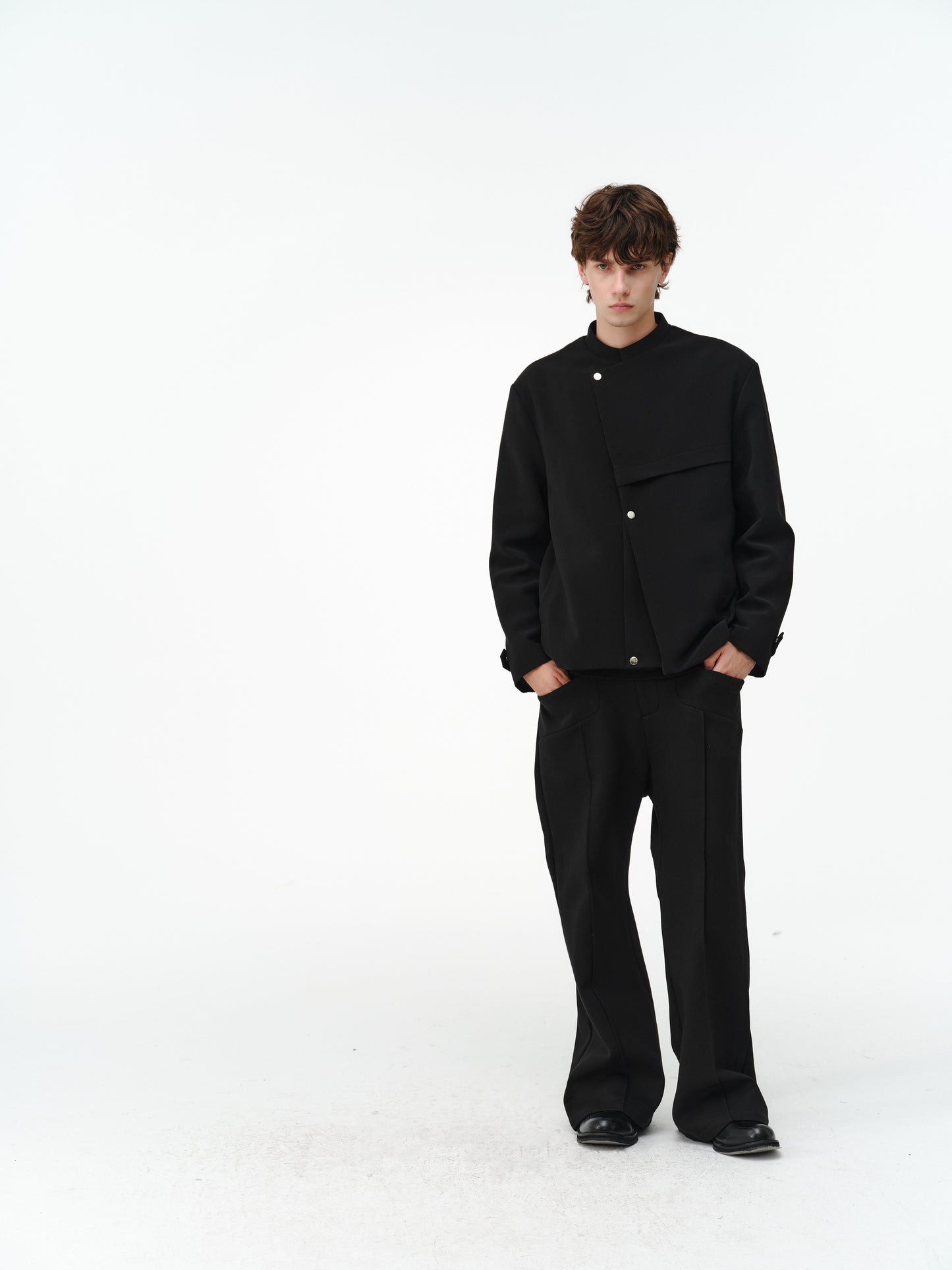 Stand-up collar deconstructed multi-snap jacket