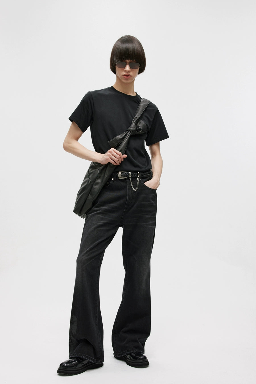 BLACK COATED BOOTCUT JEANS