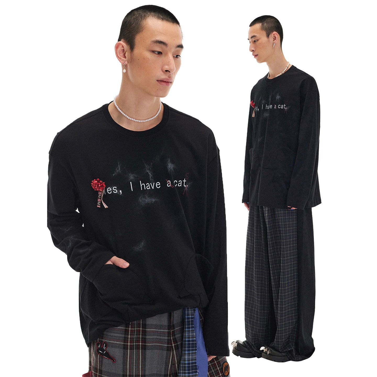 "I have a cat" loose dropped shoulder long-sleeve T-shirt
