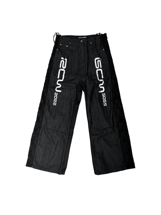 90s black mesh stitching reflective silver denim jeans