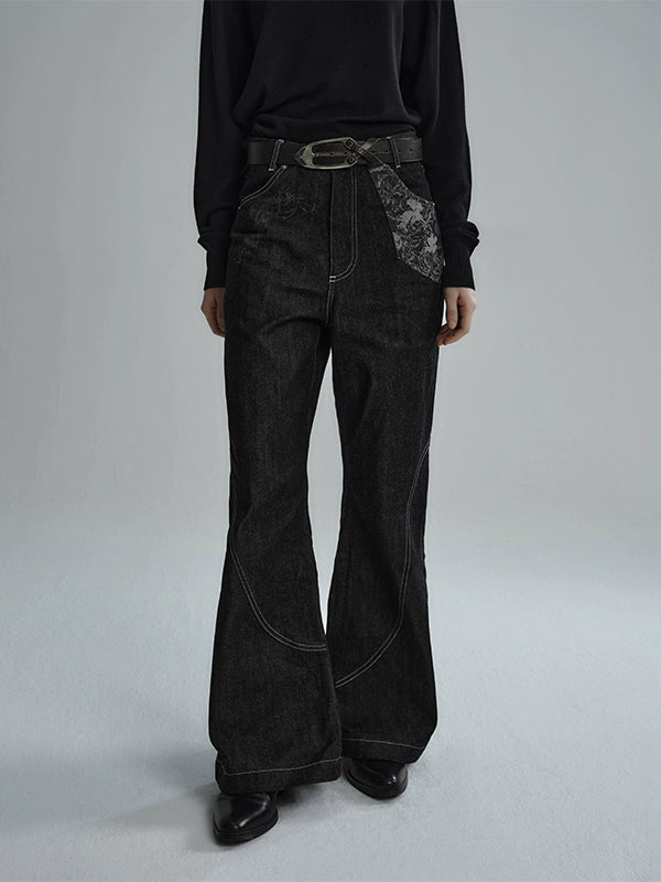 "Snake Trace" raw jacquard panel bootcut jeans