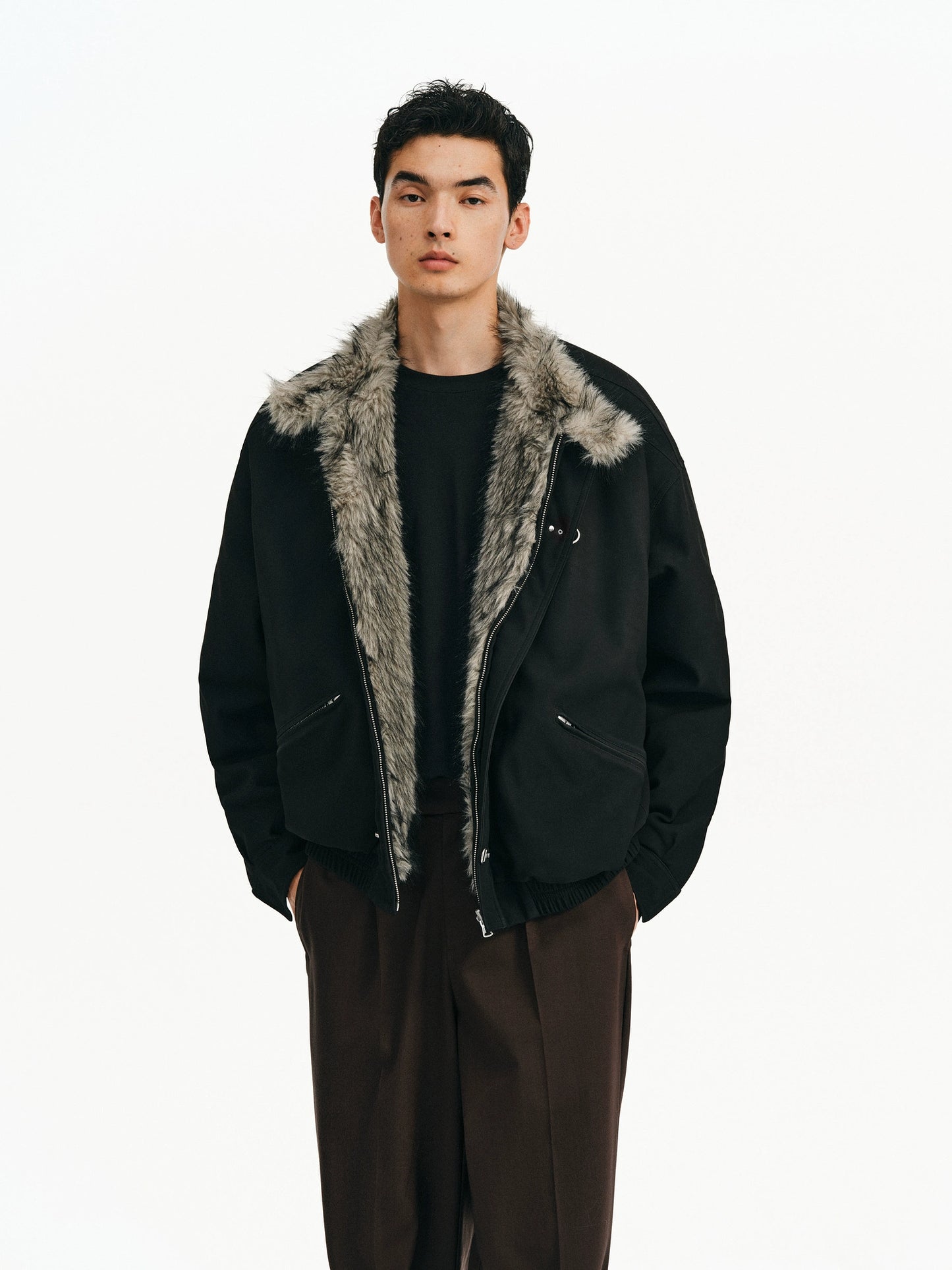"imitation mink" Buckle Fur Collar Jacket