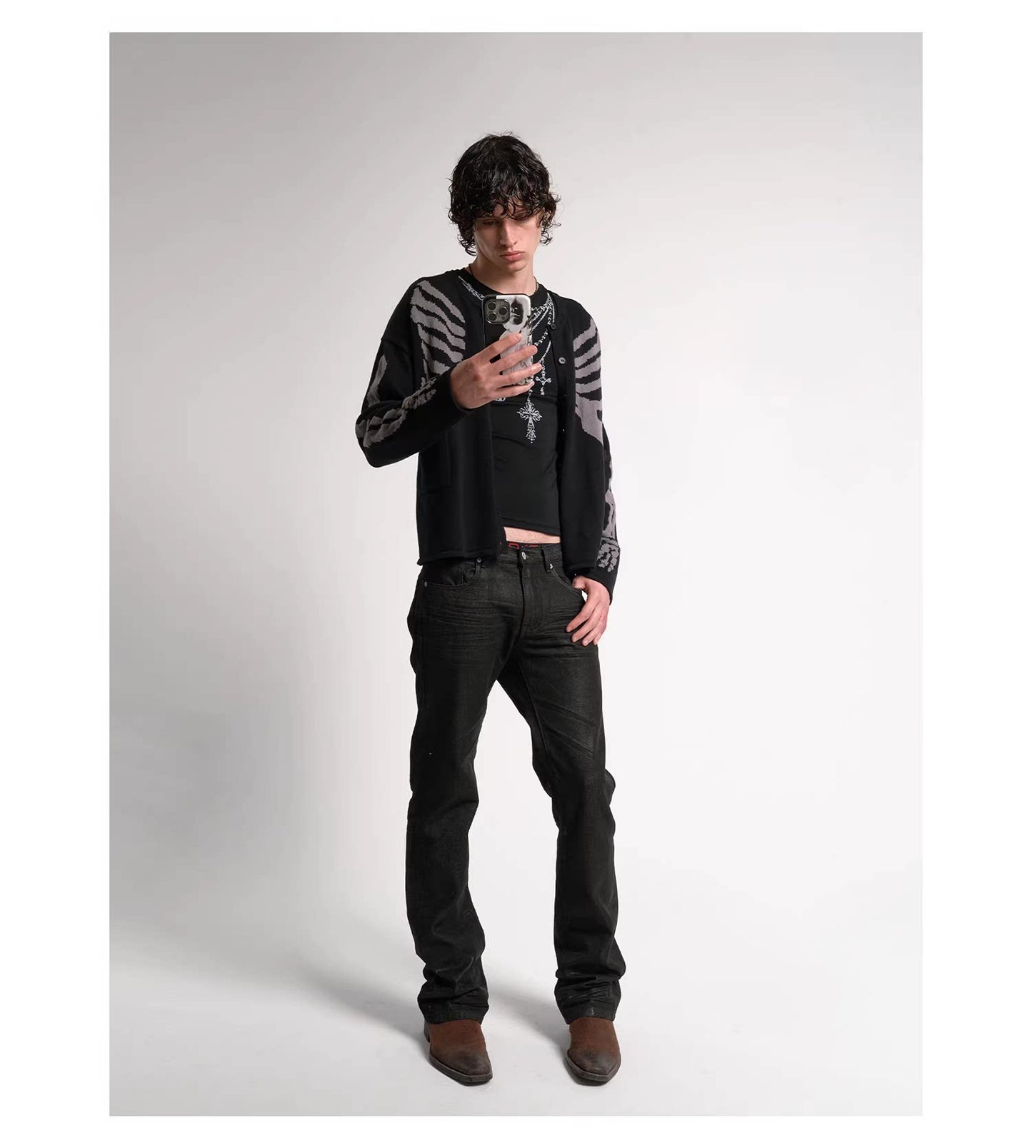 Wax coated bootcut jeans