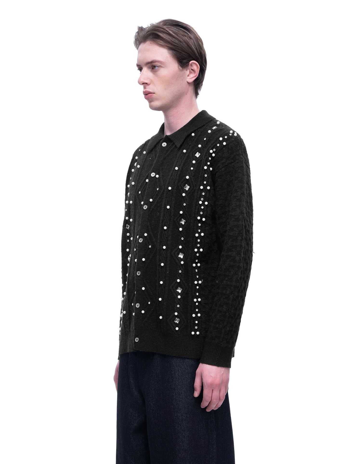 Moon pearl gemstone lapel sweater