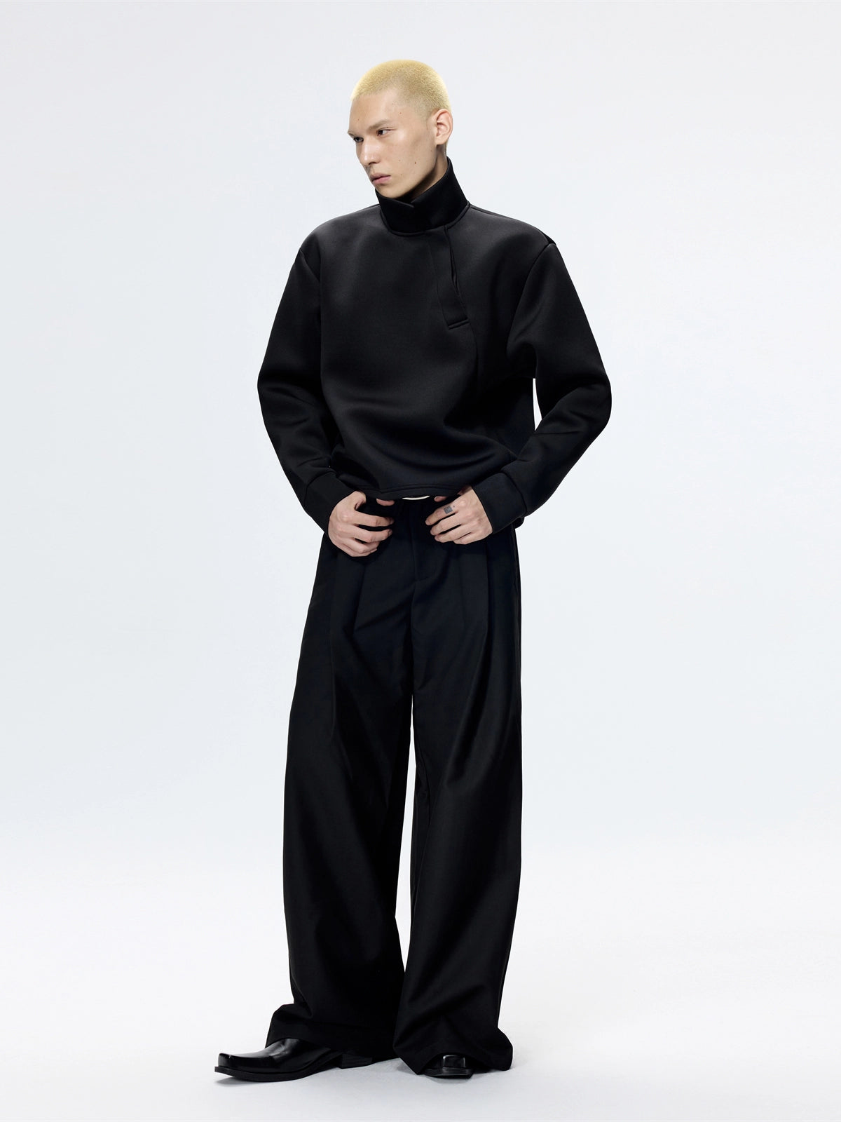 Slanted Neck Long Sleeve Polo Sweat Shirt