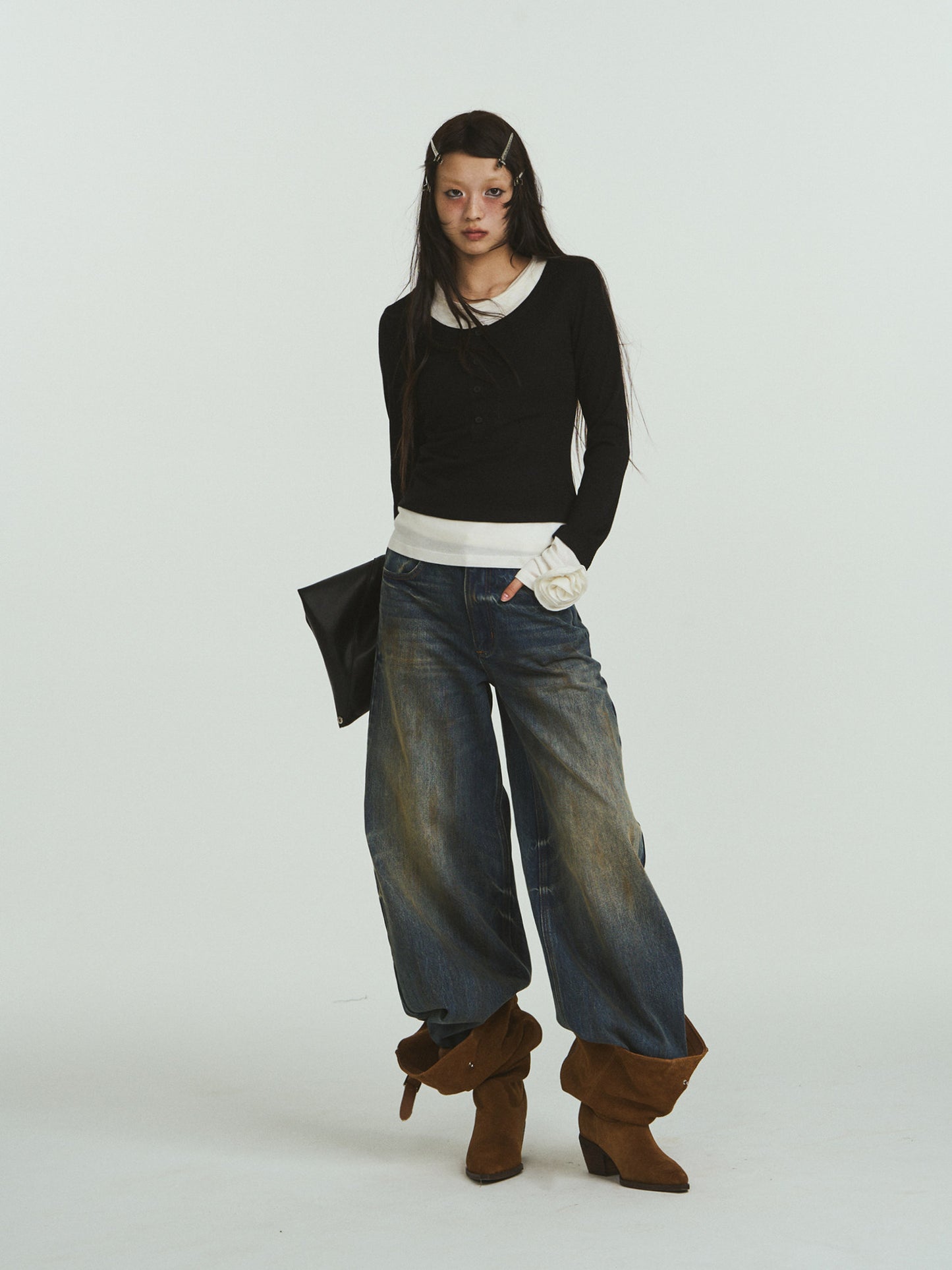 Rose cuff fake layered T-shirts
