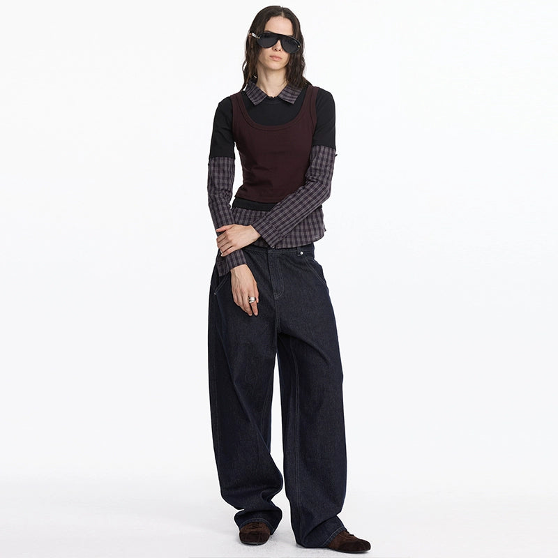 Fake Layered Plaid Polo Long Sleeve T-shirt