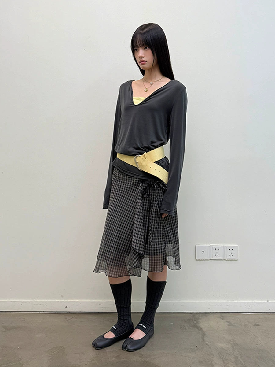 PANELLED DOUBLE-TIERED CHECKED SKIRT