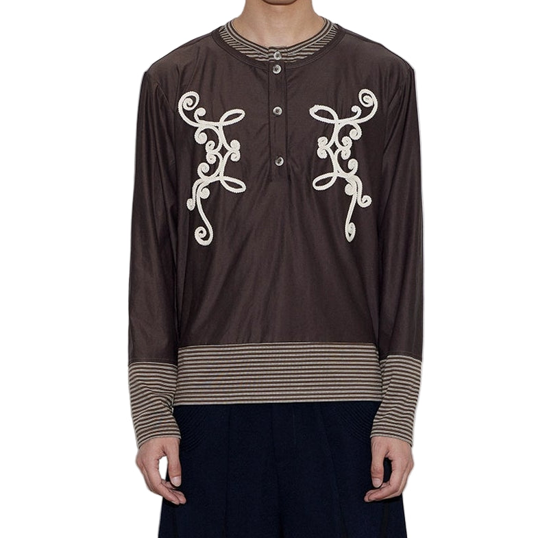 Stripe Fake layered Long Sleeve vintage embroidered T-shirt