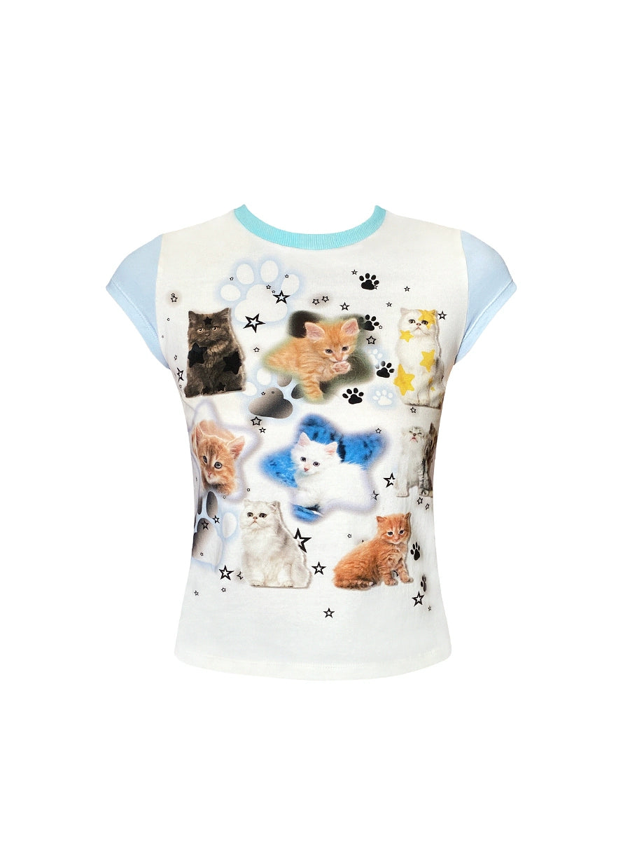 "LOVE ME"Cat Print Short Sleeve T-Shirt