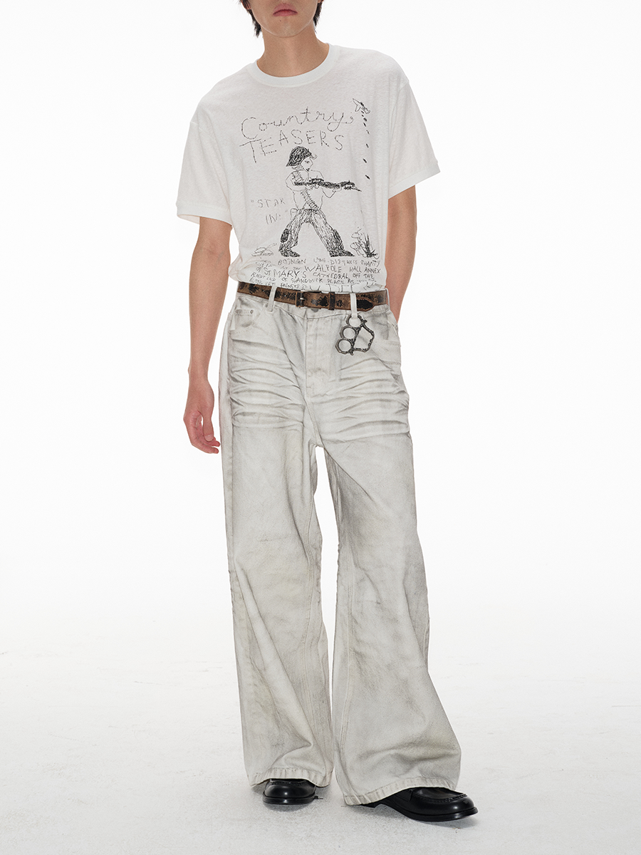 Dirty Aged White Cow Straight Wide Legs Jeans