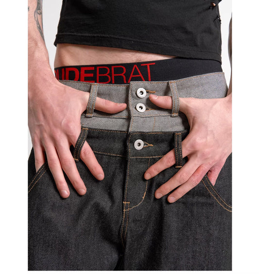 Double waist cuffed straight jeans