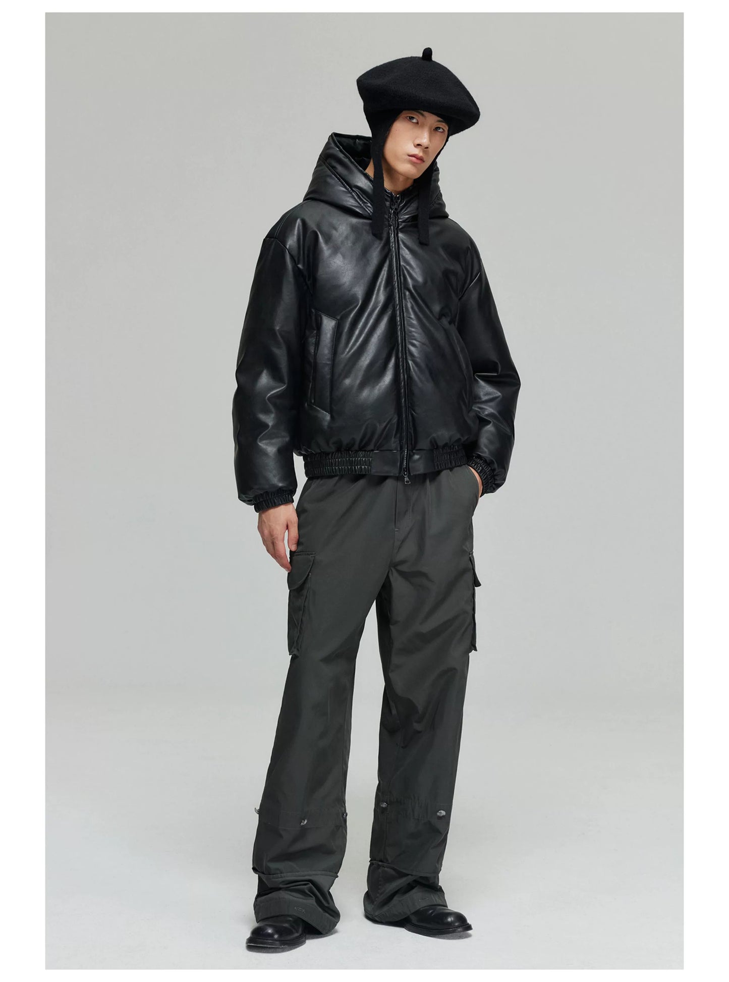 Twisted Wire Hooded Leather Puffer Jacket