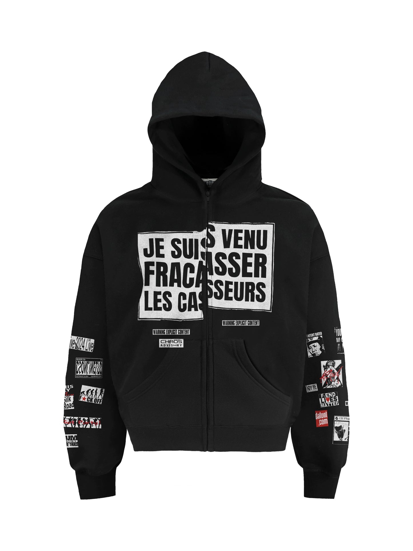 CSONLINEllc Sticker Distressed Print Fleece Heavy Zip Hoodie