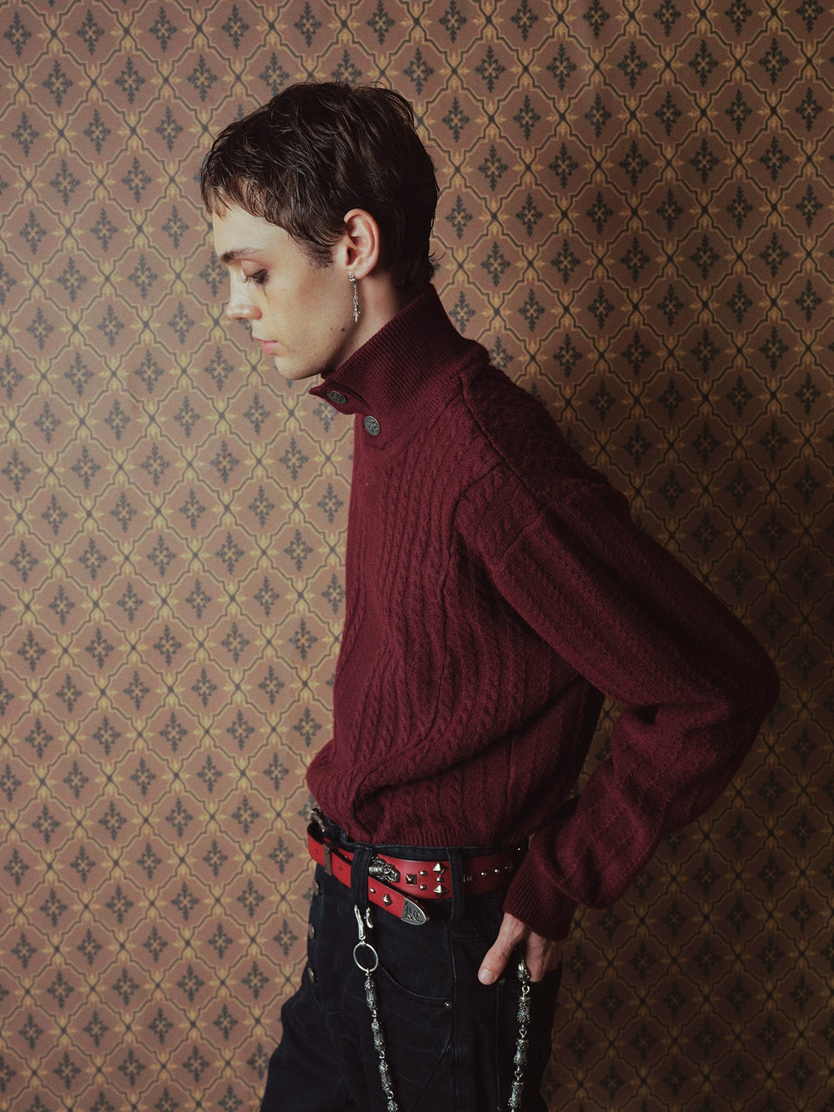 Burgundy Metal Buckle Fencing Turtleneck Knit