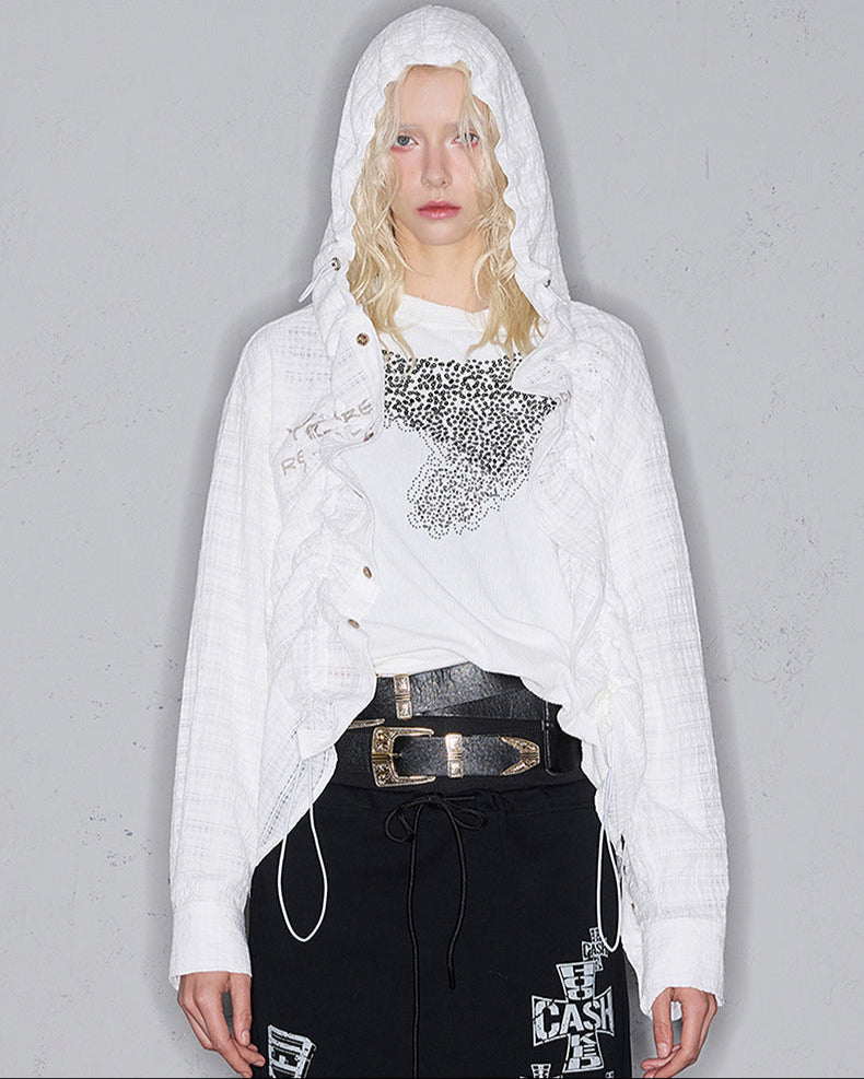 Wrinkled strip multi-form print hooded shirt