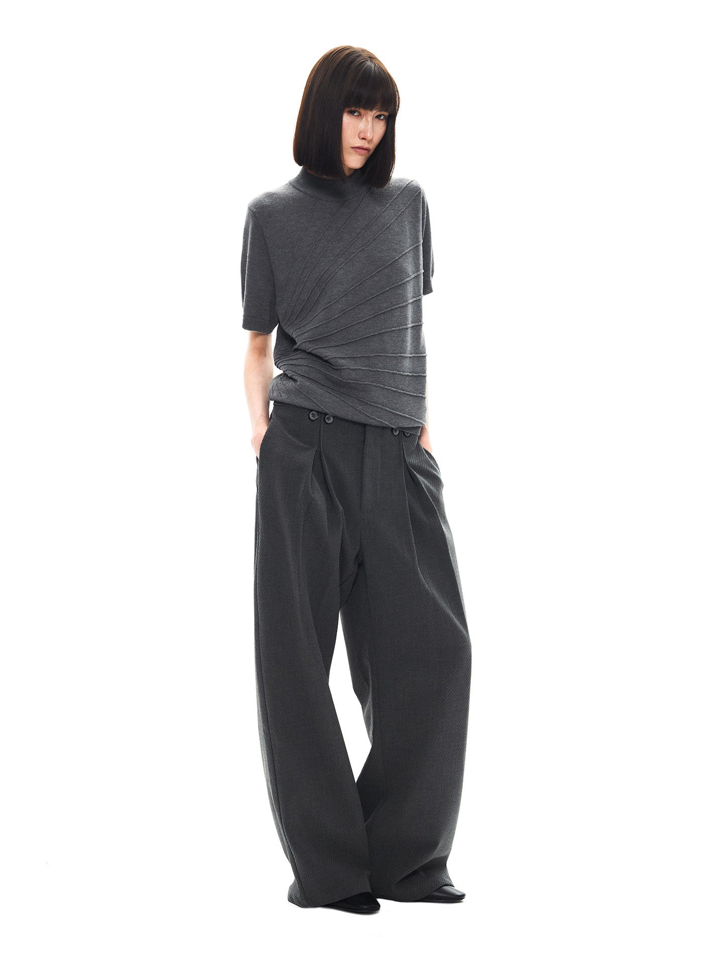 Sculptural Jacquard Mid Neck Short Sleeve Sweater