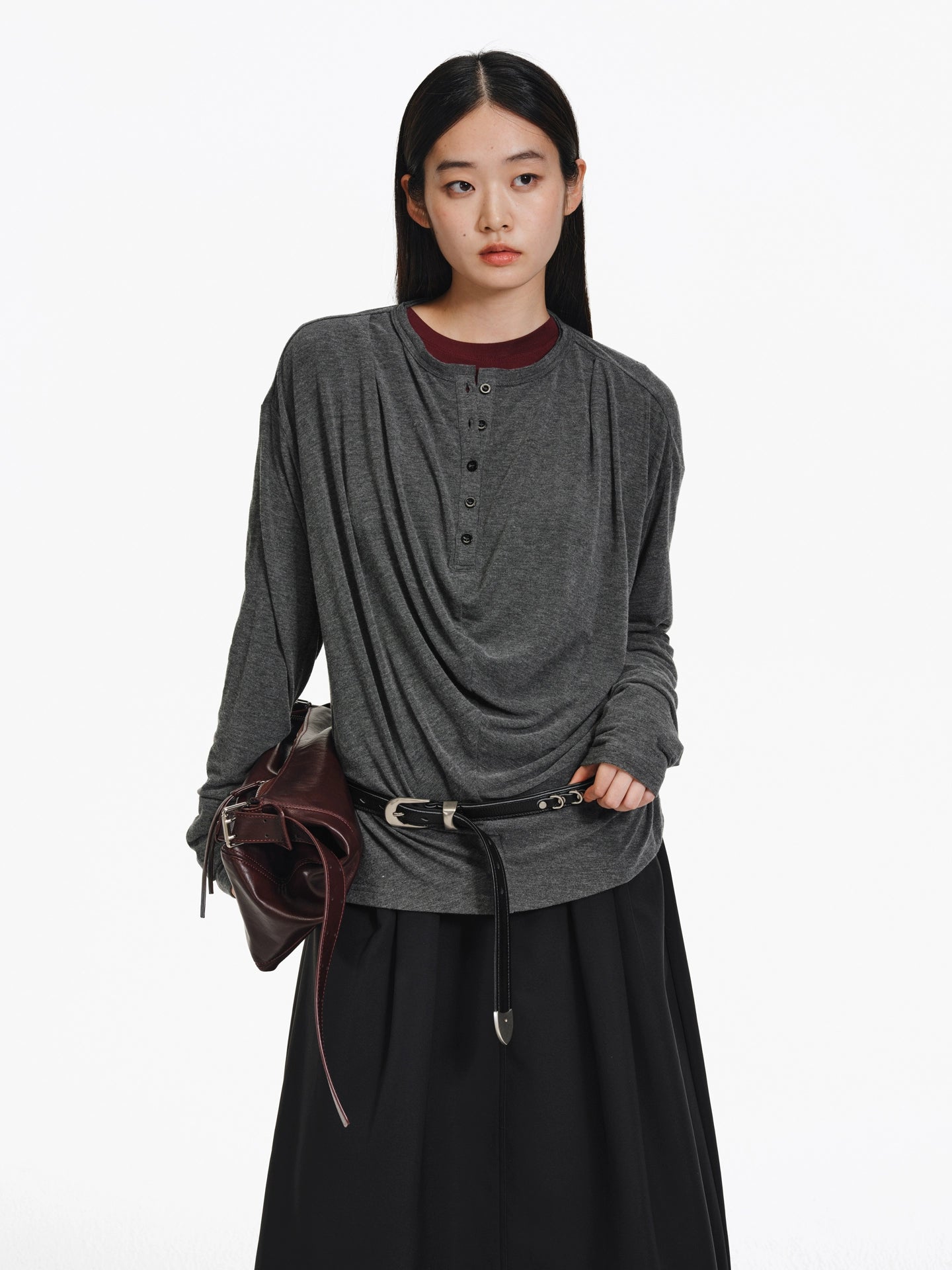 3D Pleats Draped Long Sleeve T-shirt