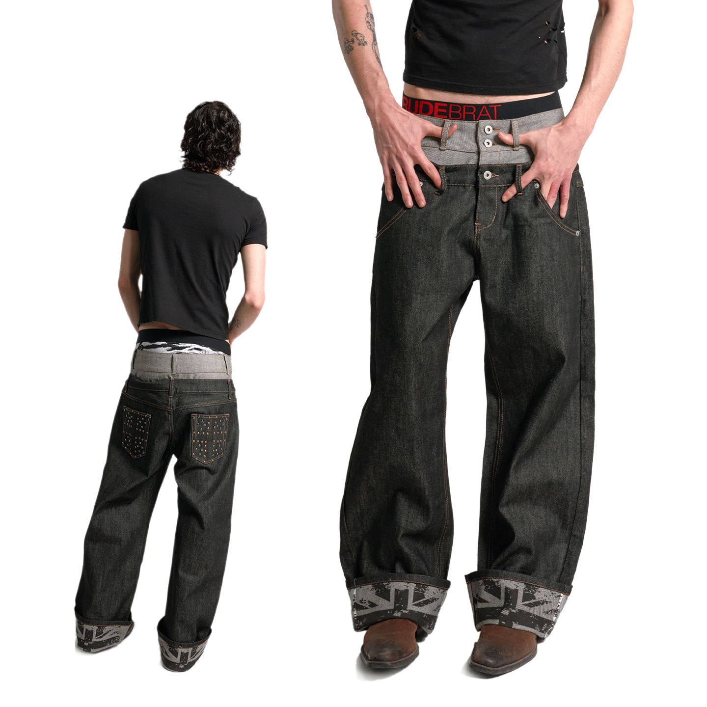 Double waist cuffed straight jeans