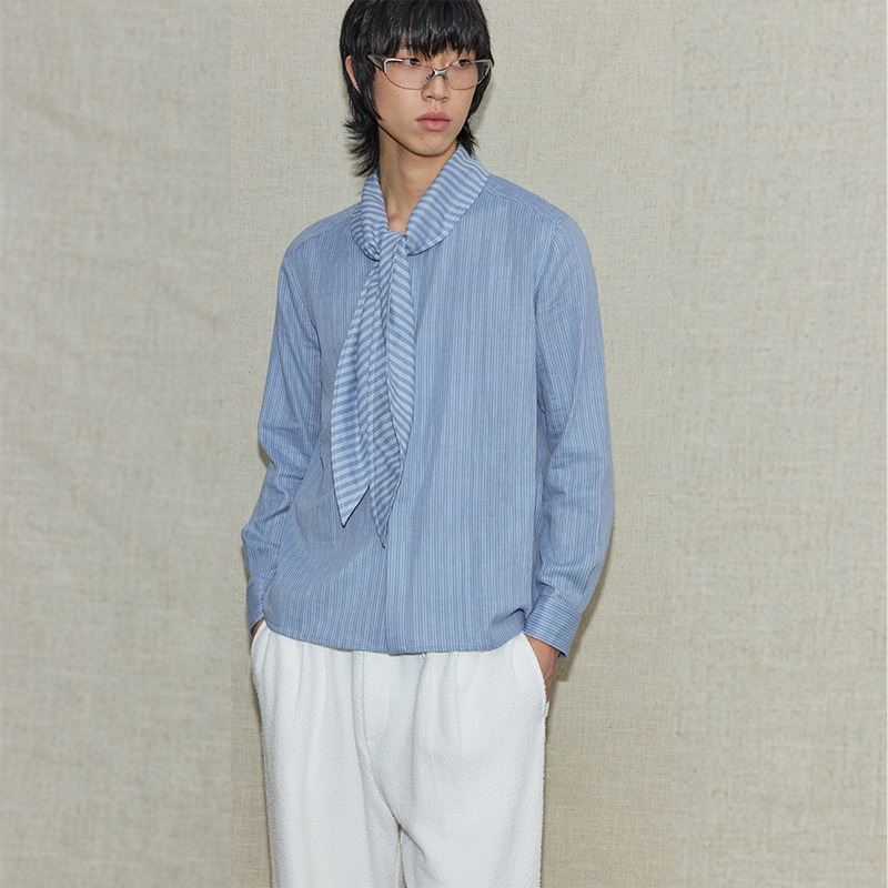 Blue tie neck striped long sleeve shirt
