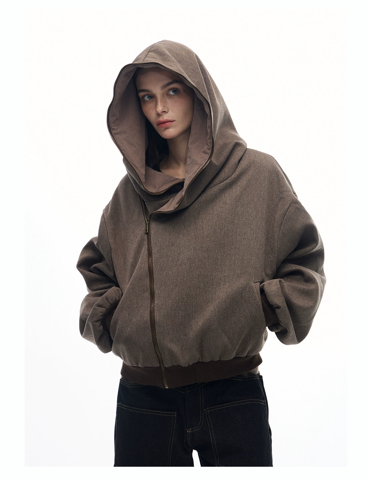 "Mystery Palace" grit linen brown reversible layered jacket