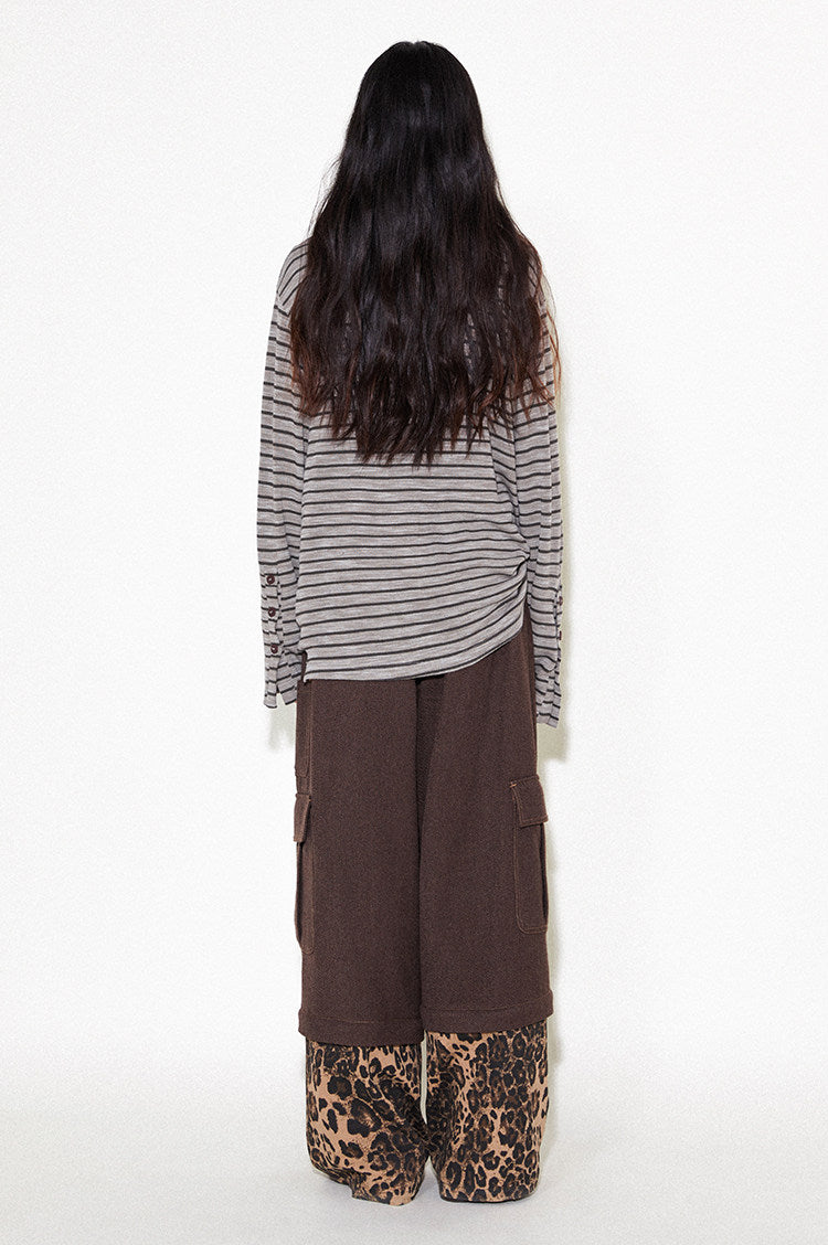 "Sunset Dusk" stand-up collar striped long-sleeved T-shirt