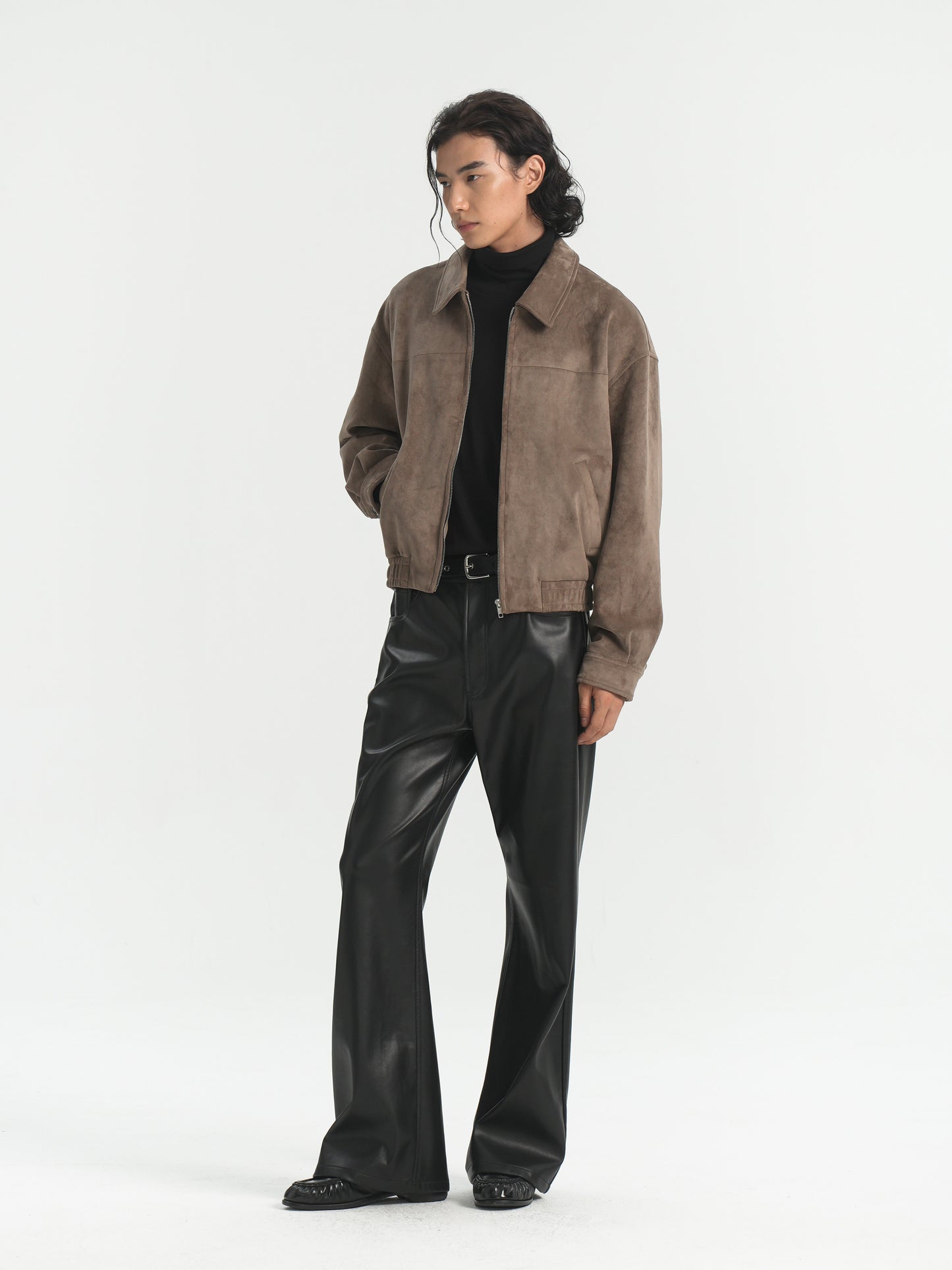 BOXY SUEDE WIDE LAPEL ZIP-UP JACKET