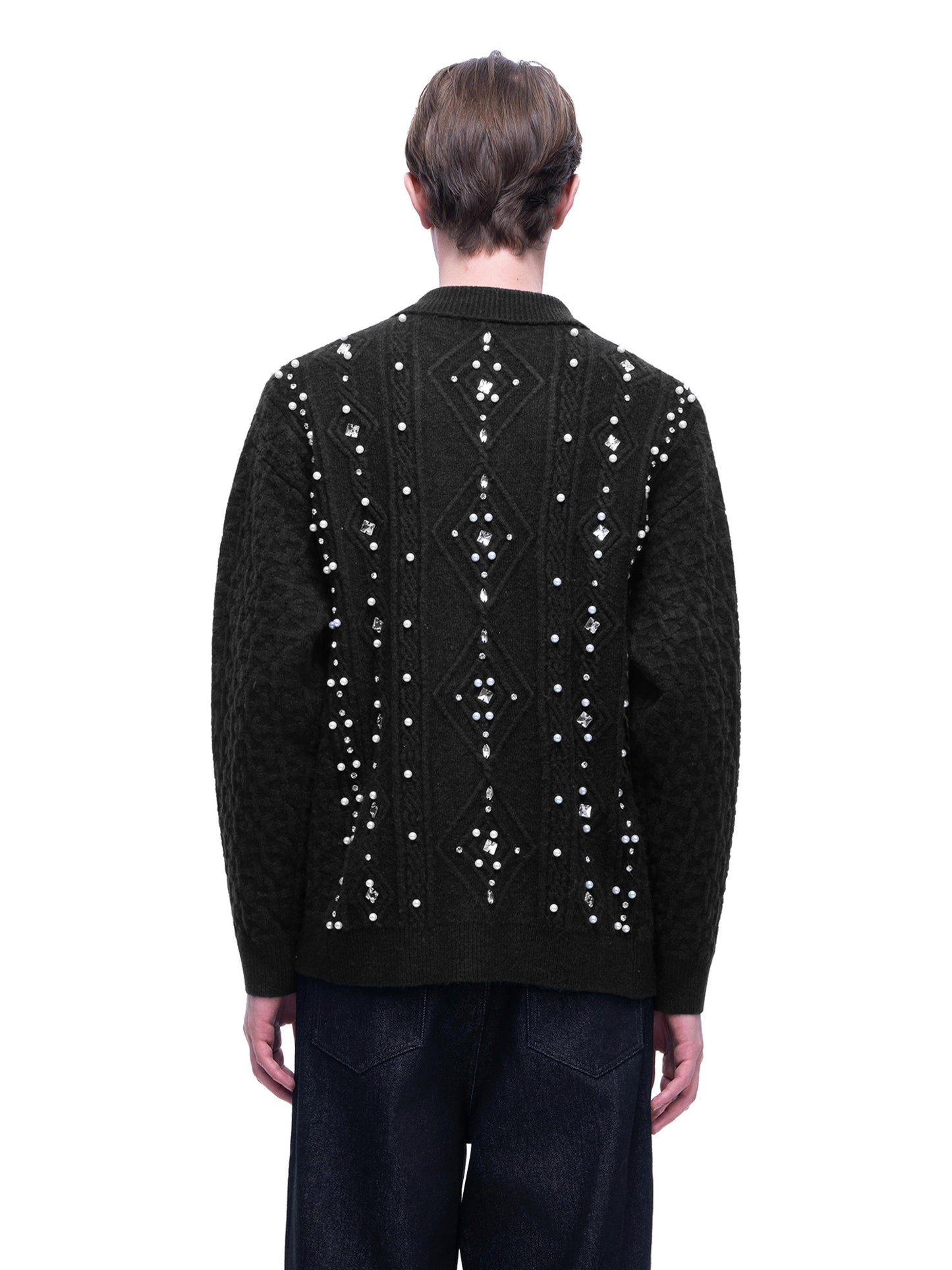 Moon pearl gemstone lapel sweater