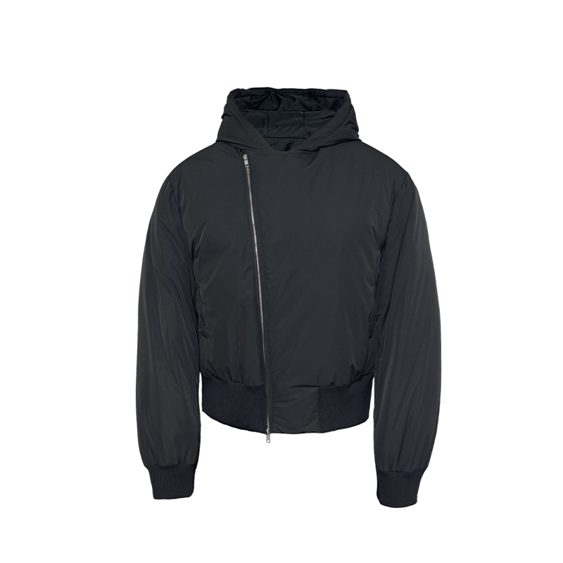 Diagonal hooded duck down jacket