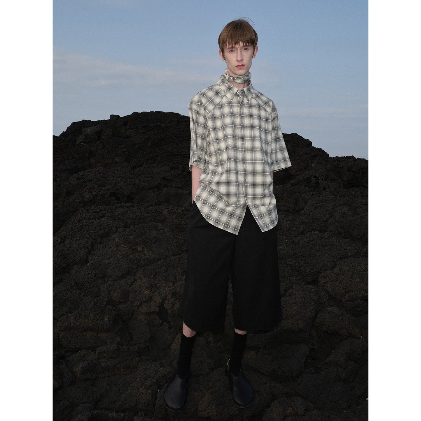 Check Pleated Short Sleeve Shirt