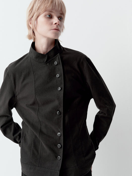 Slanted placket stand-up collar button-down jacket