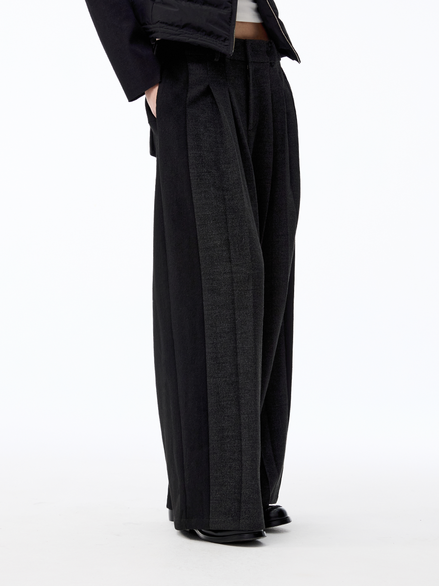 Paneled Pleated Straight Wool Trouer
