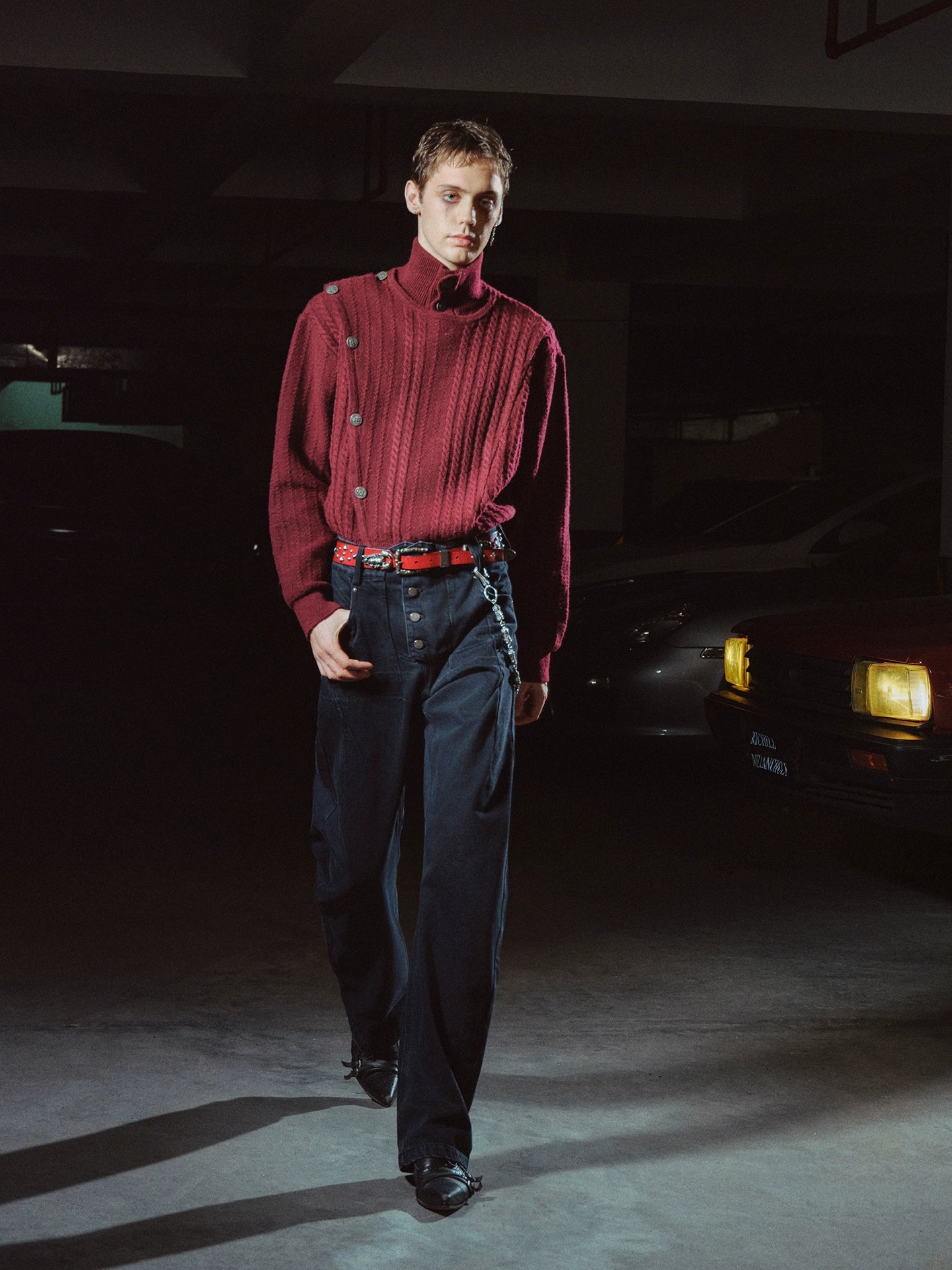 Burgundy Metal Buckle Fencing Turtleneck Knit