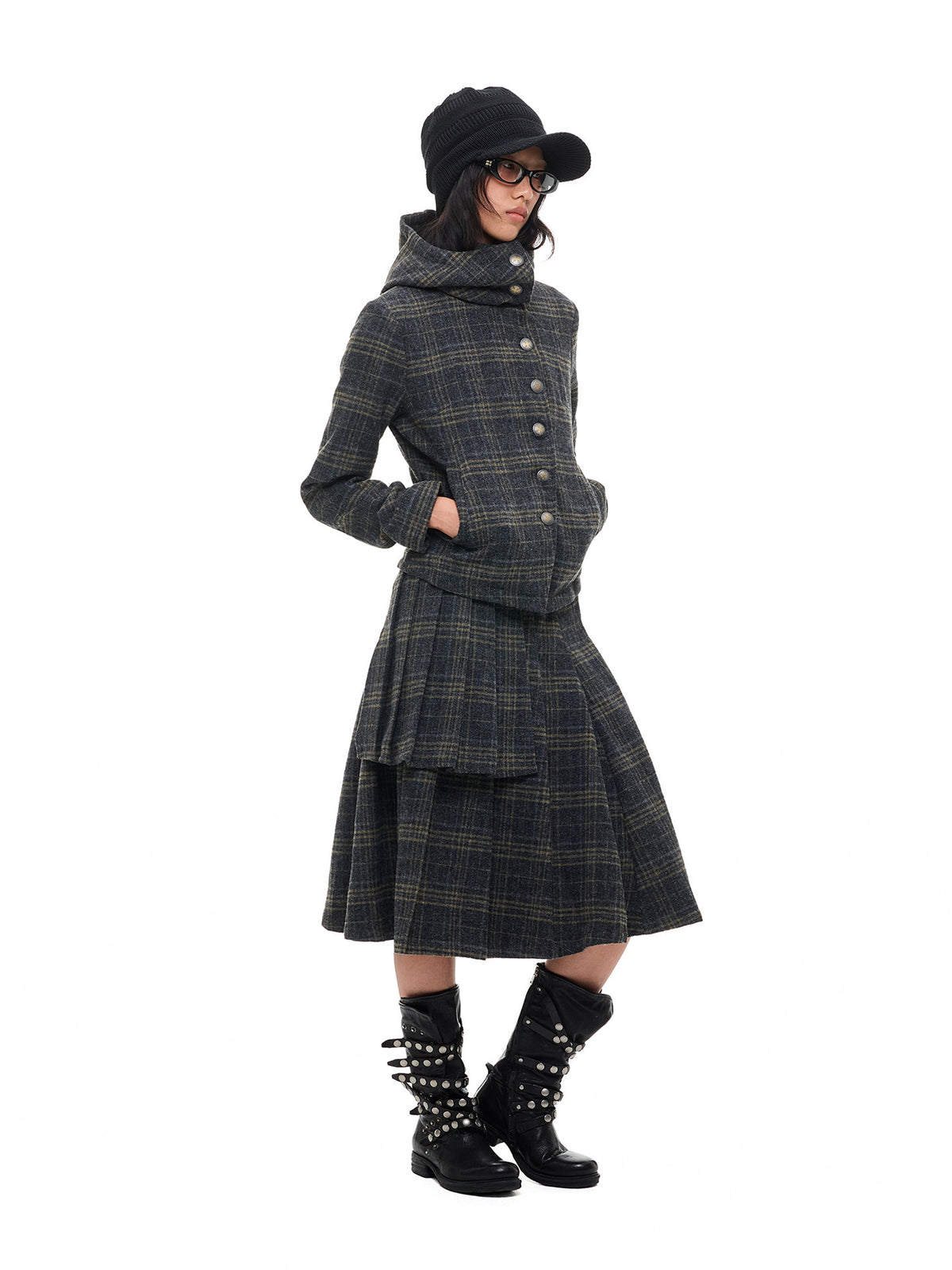 Wool Plaid Irregular Hooded Short Jacket