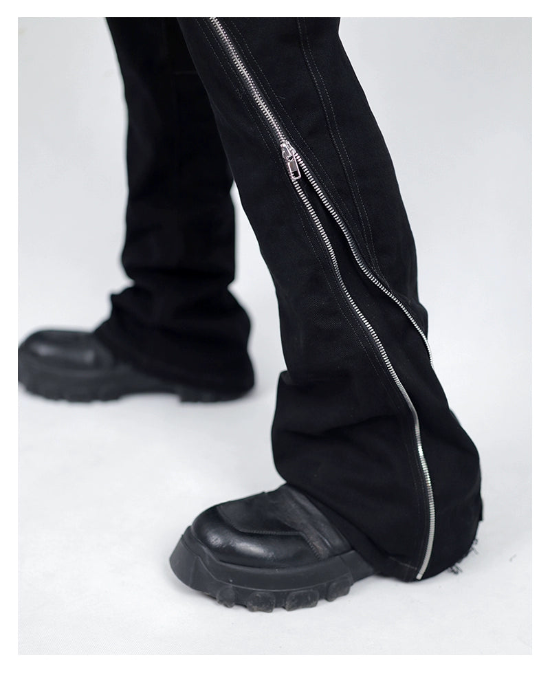 washed slim zipper flared trousers