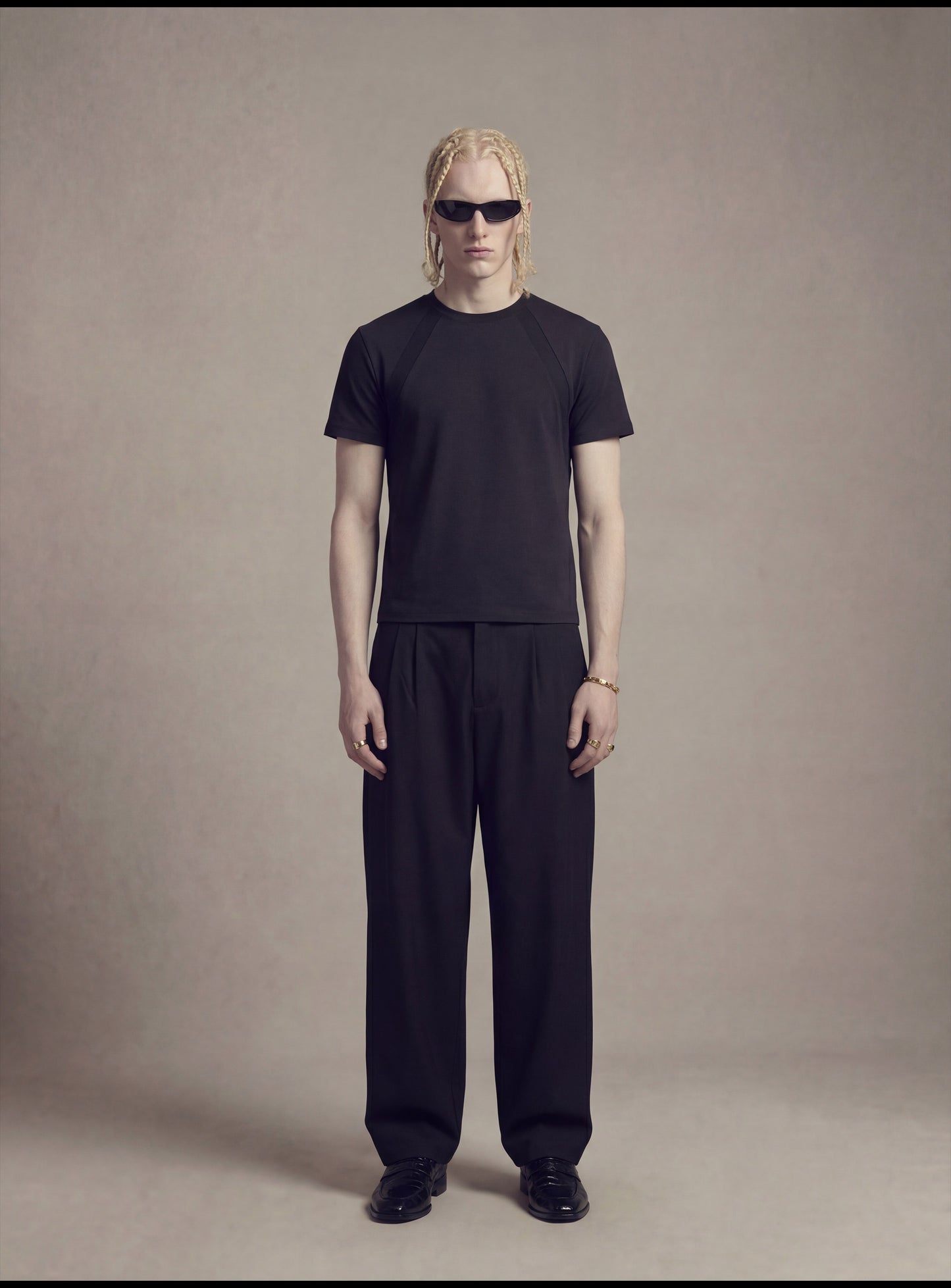2-line patchwork short-sleeve T-shirt
