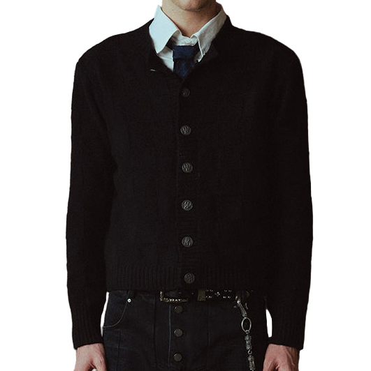 Wool Check Metal Buckle Crew Neck Knit Cardigan