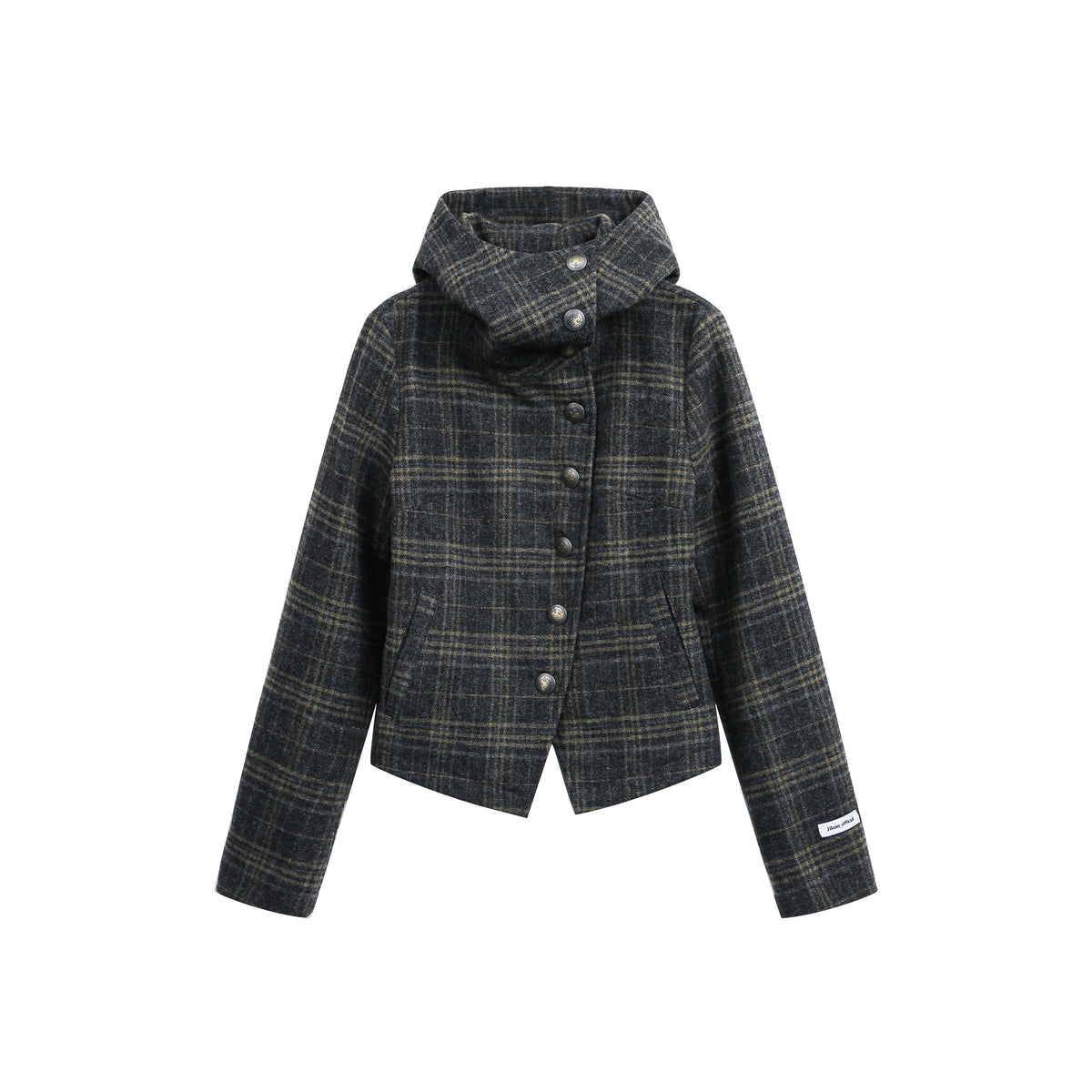 Wool Plaid Irregular Hooded Short Jacket