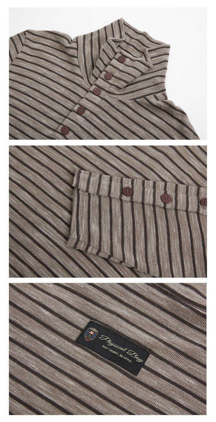 "Sunset Dusk" stand-up collar striped long-sleeved T-shirt