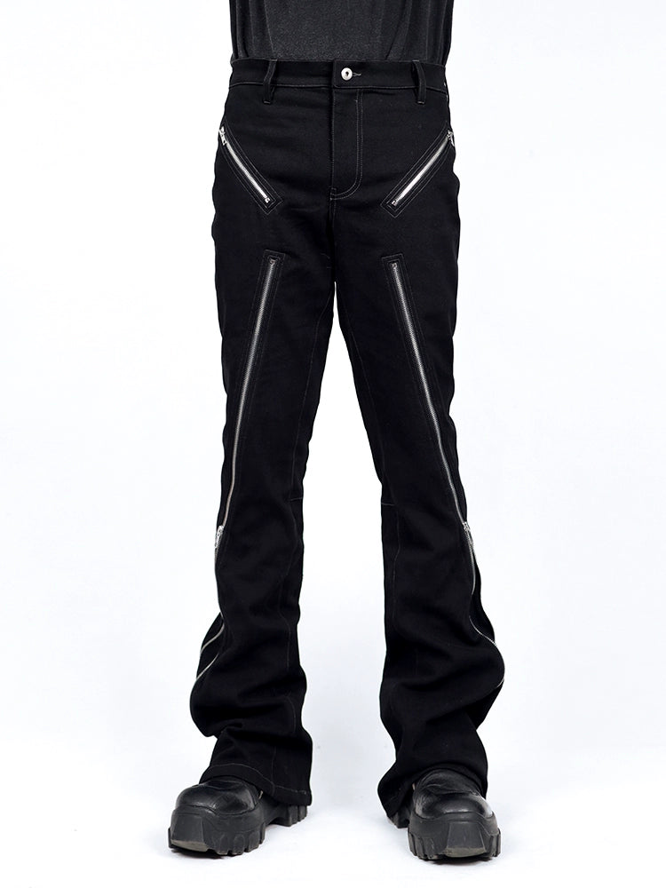 washed slim zipper flared trousers