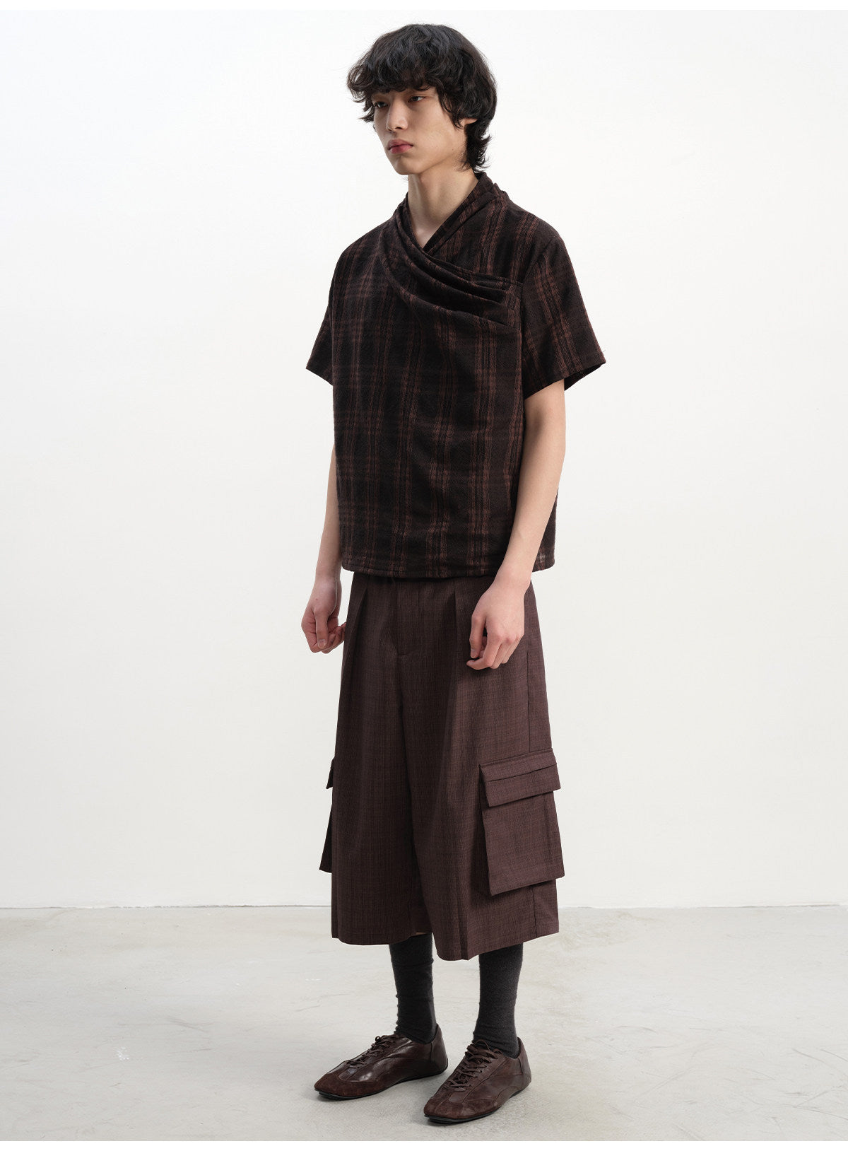 Pleated cross-neck plaid short sleeve t-shirts