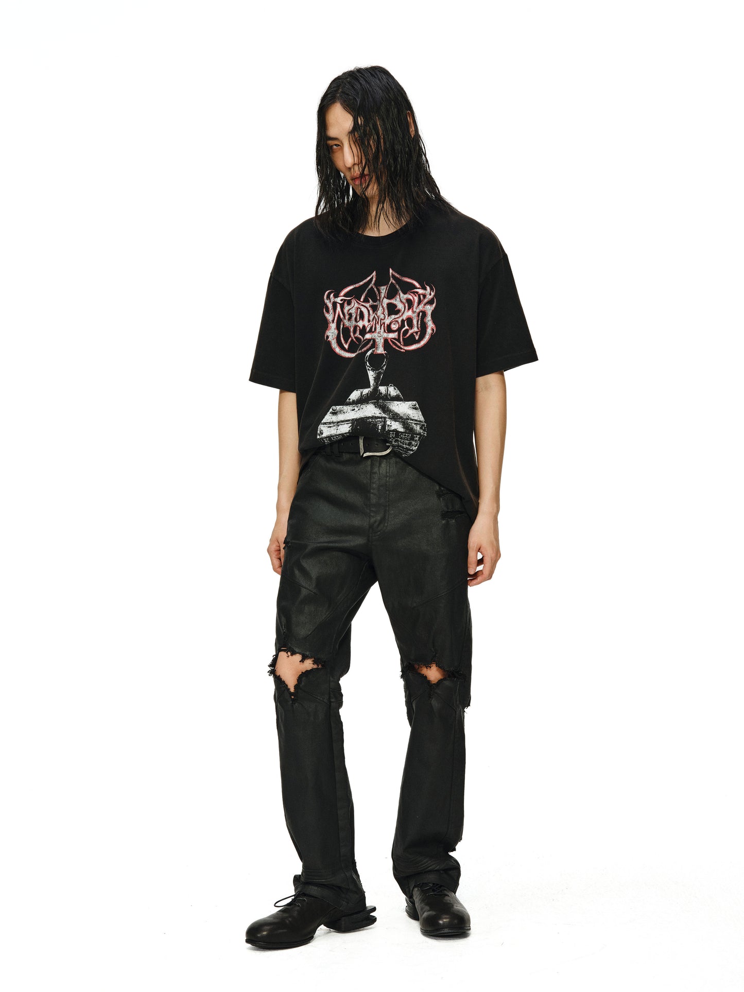 HEAVY RIPPED & ERODED KNEE STRAIGHT-LEG JEANS