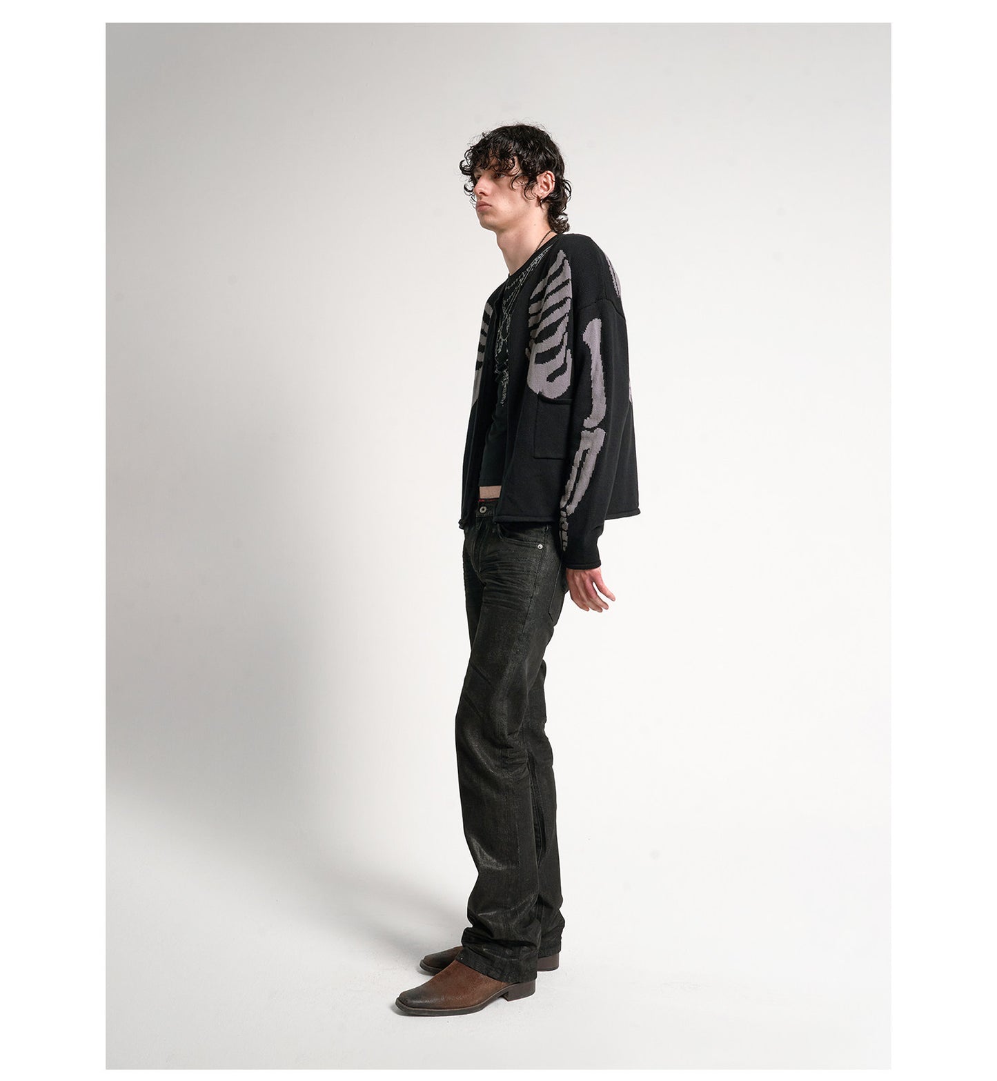 Wax coated bootcut jeans