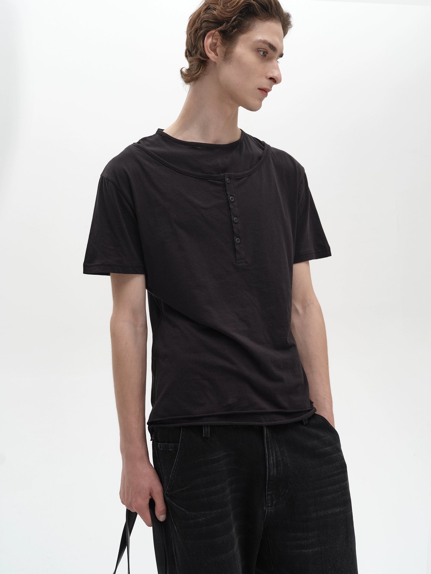Layered Henley Collar short sleeve T-shirt