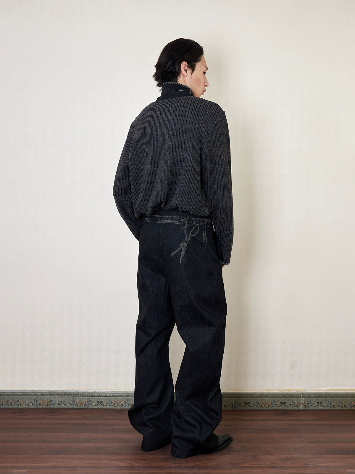 "Urhe" cable stripe stand collar pullover knit sweater